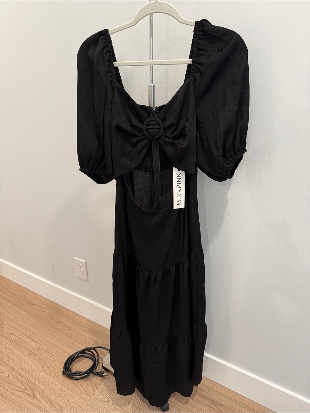 MINKPINK Black Puff-Sleeve Maxi Dress with Bow-Back Detail